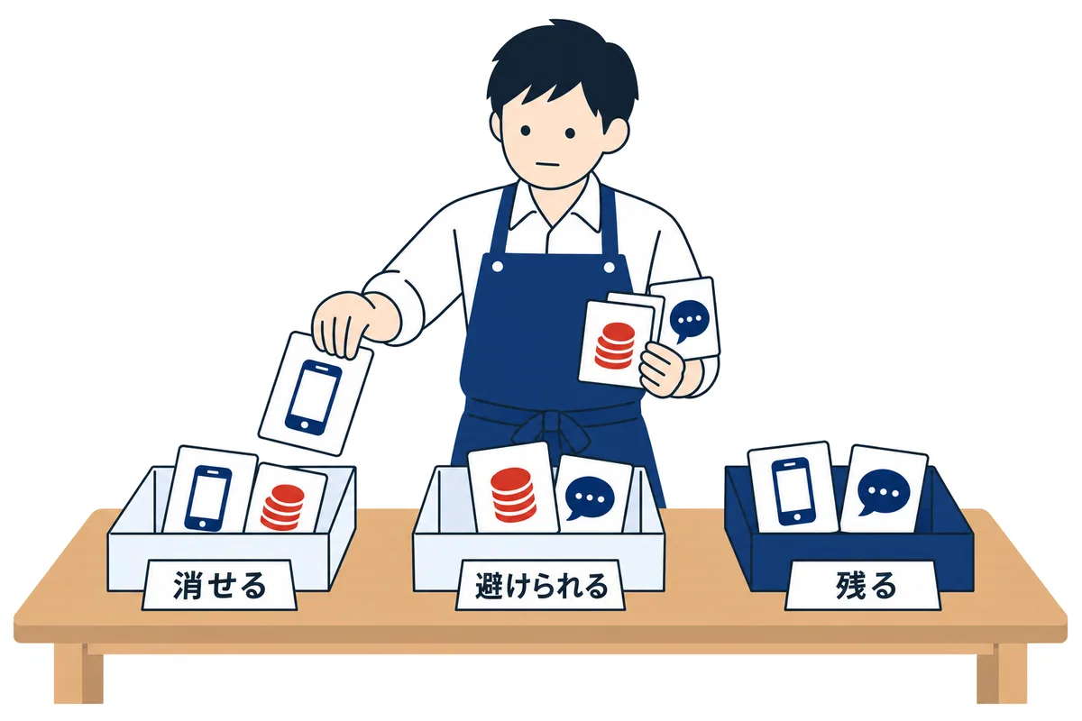 モバイルオーダーのデメリットを「消せる」「避けられる」「残る」の3つの箱に仕分ける店主のイラスト
